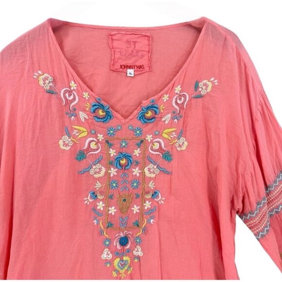 Johnny Was Shirt Womens XS Coral Pink Yellow Embroidered Blouse Bohemian Peasant - Picture 3 of 7